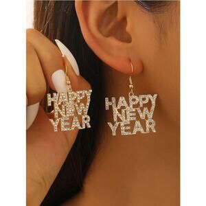 Gold Happy New Year Rhinestone Dangle Earrings Party Statement 4.5cm